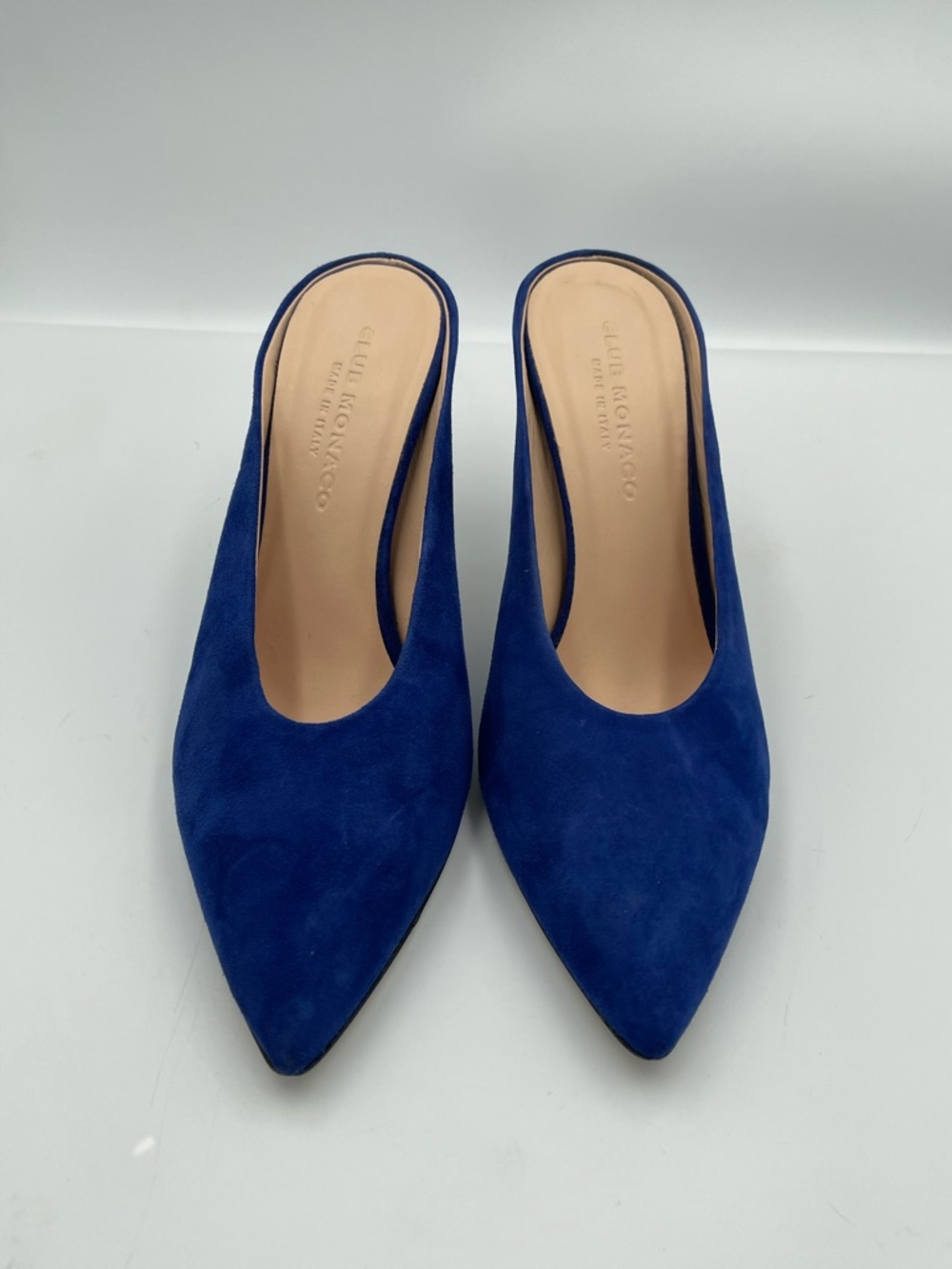 Club Monaco Blue Suede Mule Heels Pointed Toe Stiletto Slip On Pumps Size 38 - Picture 3 of 8